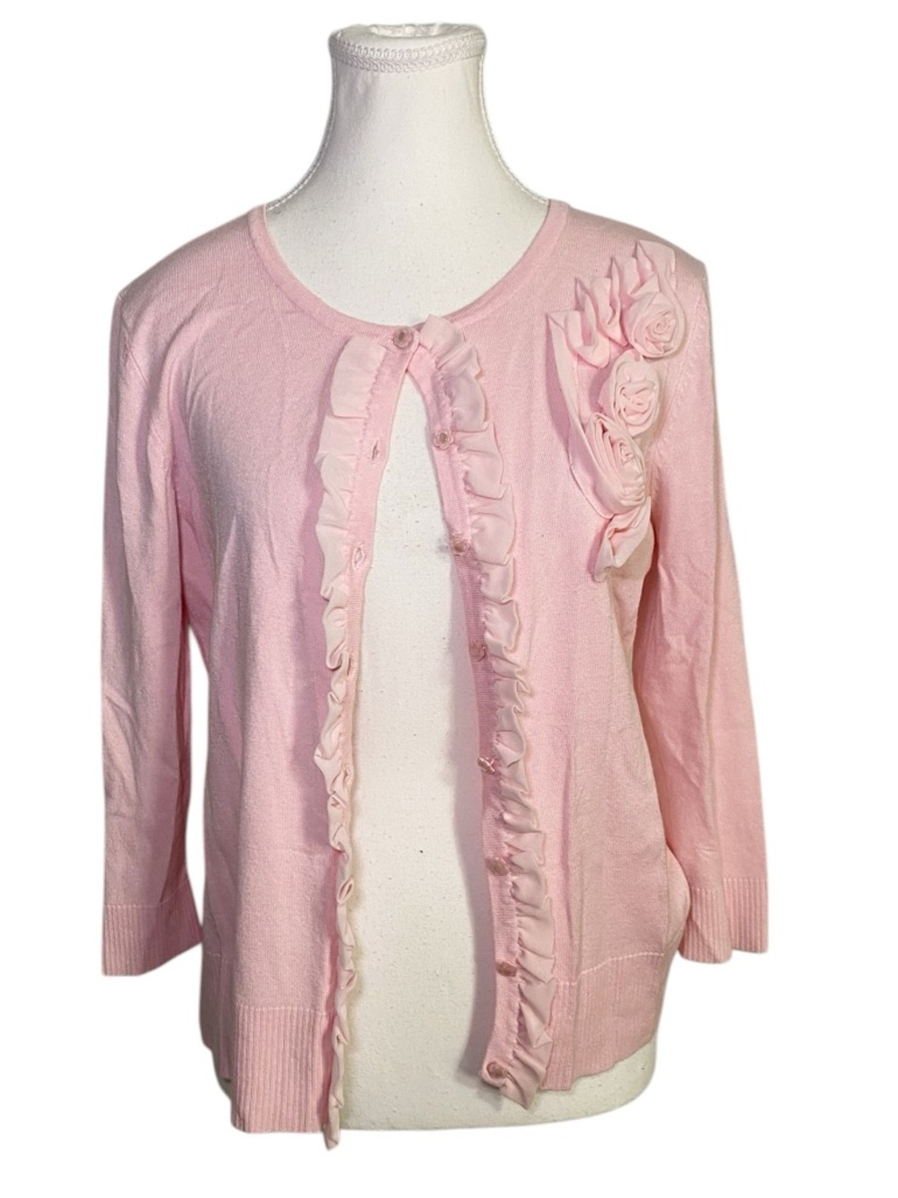Cable & Gauge Pink Button Up Cardigan 3/4 Sleeve Flower Applique - Picture 1 of 12